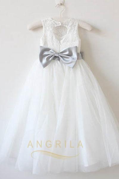 A-line Scoop Lace and Tulle Flower Girl Dresses with Bow(s)