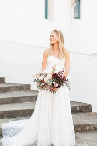A-line/Princess Sweetheart Lace Sweep Train Wedding Dresses
