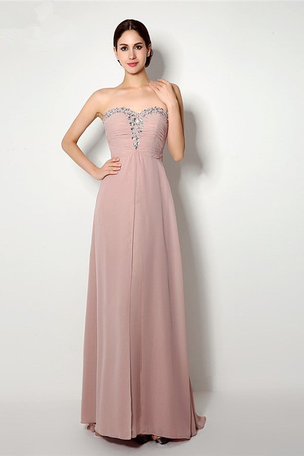 A-line Strapless Sweetheart Beading Lace-up Long Chiffon Bridesmaid Dresses with Sweep Train