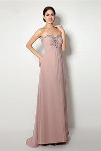 A-line Strapless Sweetheart Beading Lace-up Long Chiffon Bridesmaid Dresses with Sweep Train