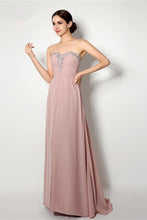 A-line Strapless Sweetheart Beading Lace-up Long Chiffon Bridesmaid Dresses with Sweep Train