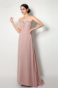 A-line Strapless Sweetheart Beading Lace-up Long Chiffon Bridesmaid Dresses with Sweep Train