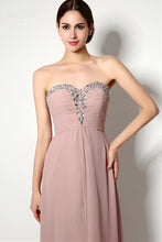A-line Strapless Sweetheart Beading Lace-up Long Chiffon Bridesmaid Dresses with Sweep Train