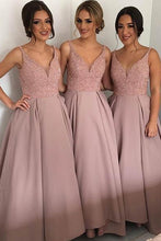 A-line Sleeveless V-neck Sweep Train Sequins Bridesmaid Dresses with Pockets