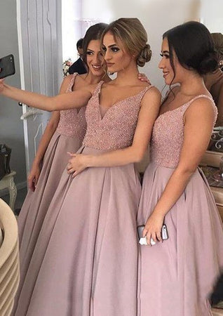 A-line Sleeveless V-neck Sweep Train Sequins Bridesmaid Dresses with Pockets