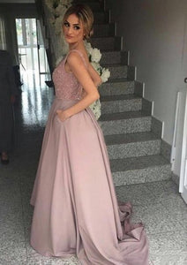A-line Sleeveless V-neck Sweep Train Sequins Bridesmaid Dresses with Pockets