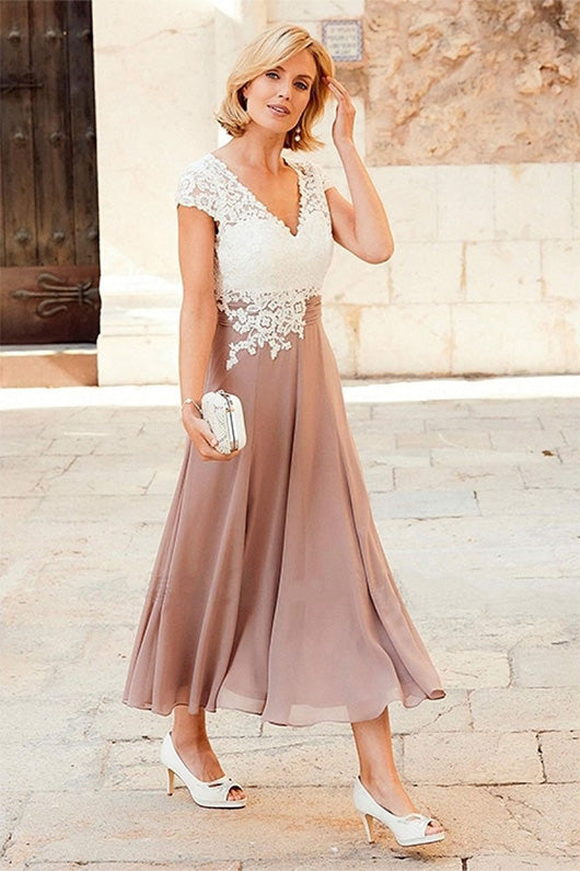 A-line V-neck Cap Sleeves Tea-length Chiffon Lace Mother of the Bride Dresses Main image