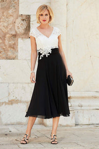 A-line V-neck Cap Sleeves Tea-length Chiffon Lace Mother of the Bride Dresses