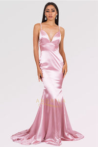 Long Mermaid V-neck Satin Backless Prom Dresses
