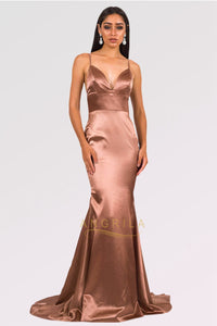 Long Mermaid V-neck Satin Backless Prom Dresses