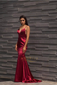 Long Mermaid V-neck Satin Backless Prom Dresses