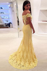 A-line/Princess Off-the-Shoulder Sweep Train Lace Prom Dresses