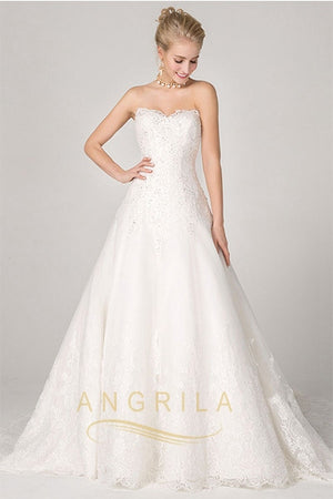 A-line Strapless Sweetheart Lace Applique Bridal Wedding Dresses