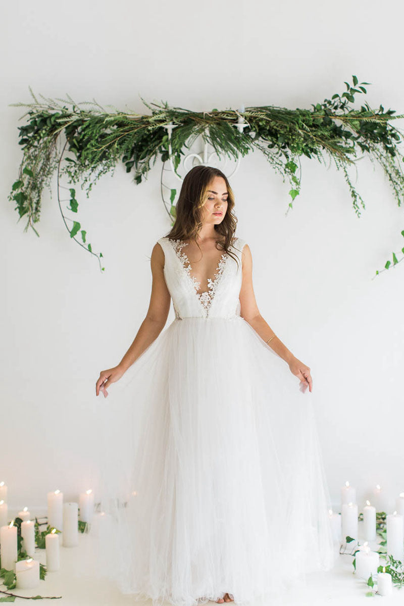 Plunging Tulle A-Line Wedding Dress with Floral Lace and Low Back