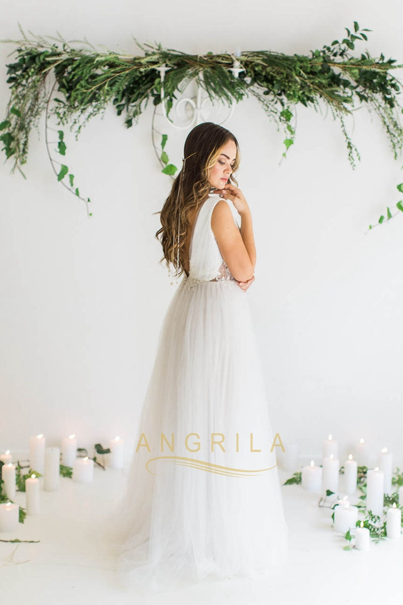 Plunging Tulle A-Line Wedding Dress with Floral Lace and Low Back