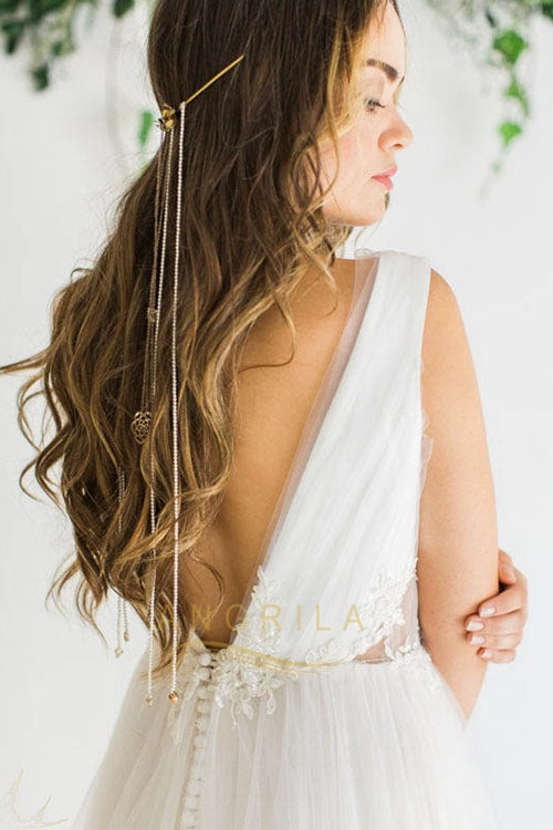 Plunging Tulle A-Line Wedding Dress with Floral Lace and Low Back