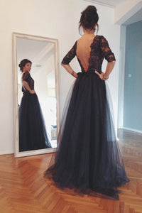 A-line/Princess 3/4 Sleeves Beading Long Lace Tulle Prom Dresses