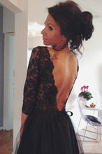 A-line/Princess 3/4 Sleeves Beading Long Lace Tulle Prom Dresses