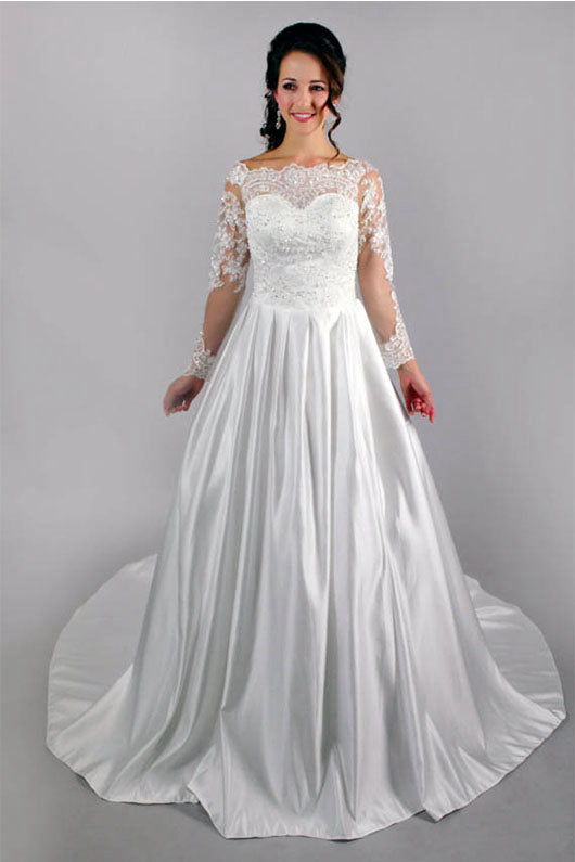 Fabulous A-Line Appliqued Satin Long Sleeves Lace Wedding Dress