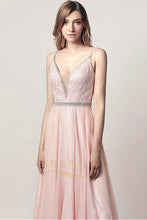 A-line/Princess V-neck Beading Long Formal Prom Dresses