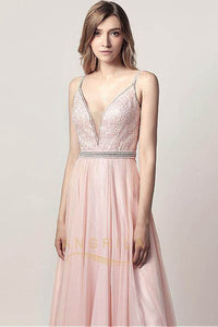 A-line/Princess V-neck Beading Long Formal Prom Dresses