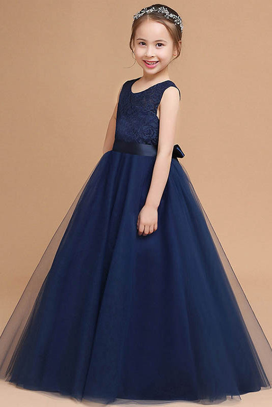 Tulle A-Line Flower Girl Dress with Lace Bodice and Back Bow