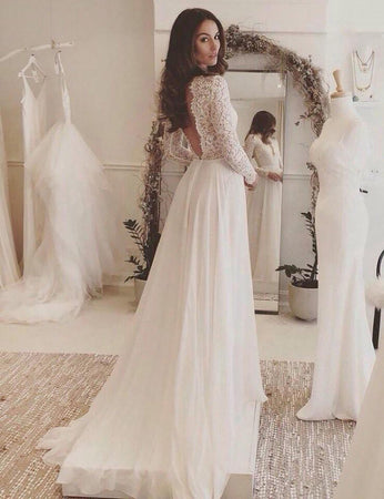 A-line Deep V-neck Full/Long Sleeves Open Back Long Lace Chiffon Wedding Dresses