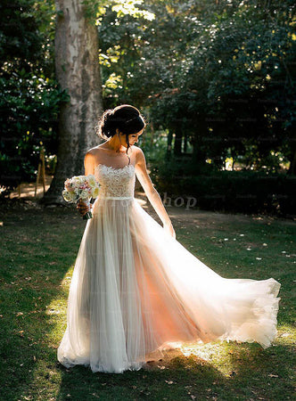 Princess Illusion Sweep Train Organza Tulle Wedding Dress With Lace