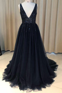 V-Neck Sequined Bodice Tulle Prom Dresses with Slit