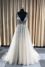 V-Neck Sequined Bodice Tulle Prom Dresses with Slit