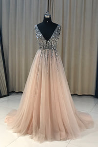 V-Neck Sequined Bodice Tulle Prom Dresses with Slit