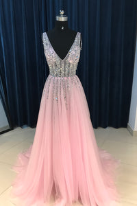 V-Neck Sequined Bodice Tulle Prom Dresses with Slit