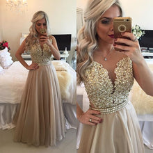 Enchanting A-line Sleeveless Lace Appliques Beading Long Prom Dresses