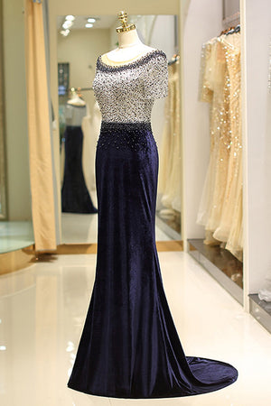 Elegant Beaded Formal Evening Dresses with Short Sleeves