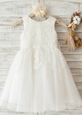 Ivory Bow-Back Lace and Tulle A-Line Tea-Length Flower Girl Dress