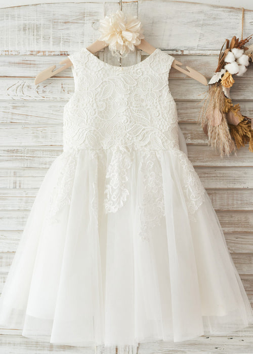 Ivory Bow-Back Lace and Tulle A-Line Tea-Length Flower Girl Dress