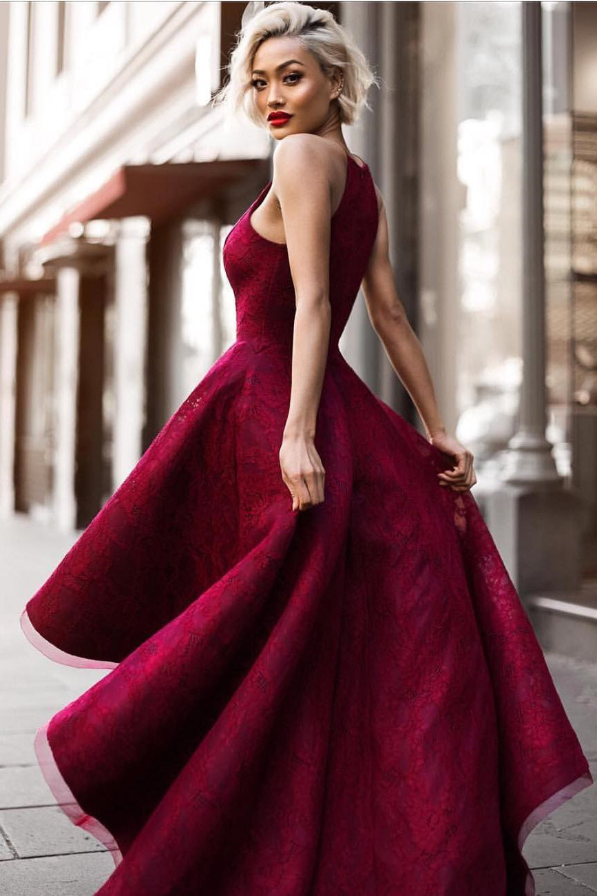 Sexy High Low Burgundy Prom Dresses with Halter Unique Elastic Satin Secondary image