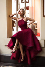Sexy High Low Burgundy Prom Dresses with Halter Unique Elastic Satin