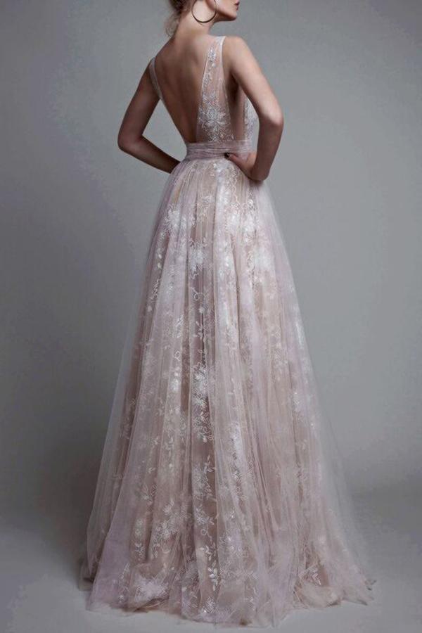 Open-Back Lace and Tulle A-Line Wedding Dress