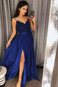 Sexy V-Neck Spaghetti Straps Split Lace Long Prom Dresses