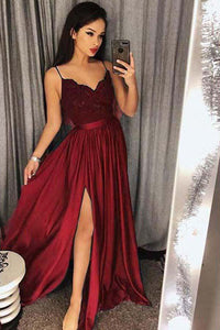 Sexy V-Neck Spaghetti Straps Split Lace Long Prom Dresses