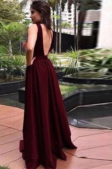 Burgundy V-Back Long Prom Dress A-LineParty Evening Gown