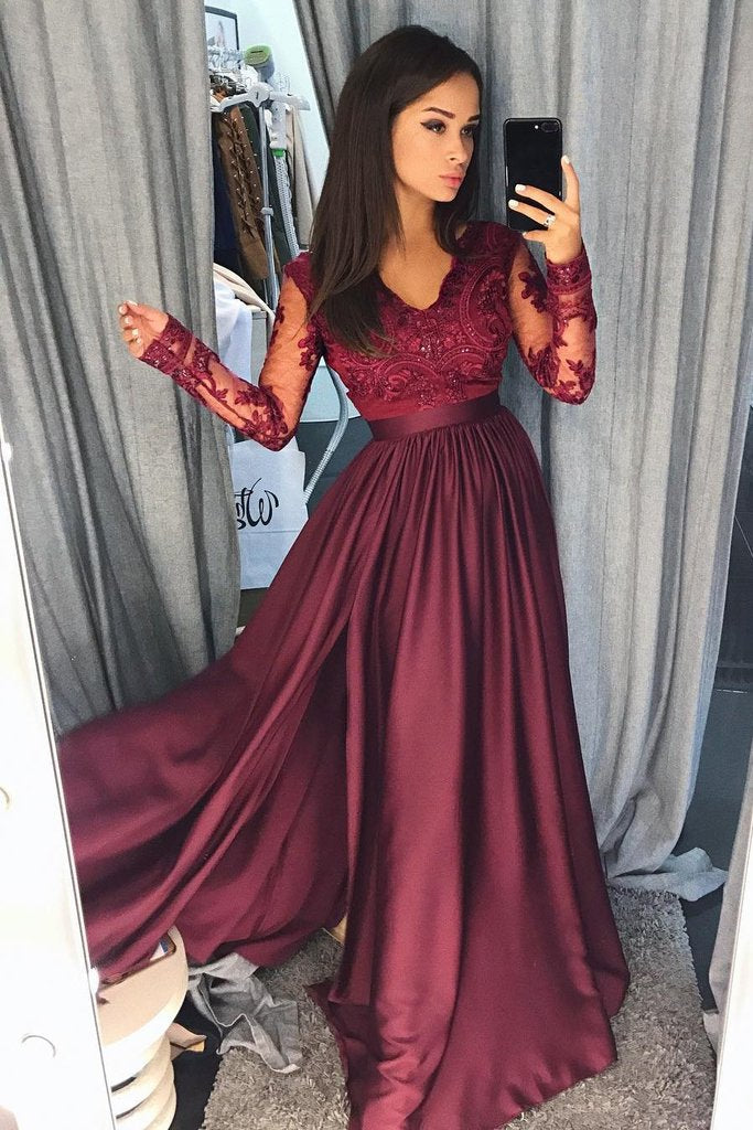 Burgundy Prom Dress Maroon Lace Long Sleeve Dress Evening Gown