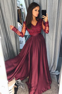 Burgundy A-Line V-Neck Lace Top Long Prom Dresses with Long Sleeves