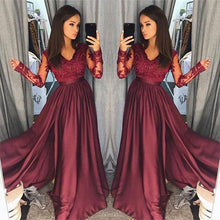 Burgundy A-Line V-Neck Lace Top Long Prom Dresses with Long Sleeves