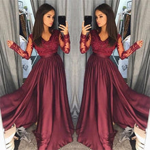 Burgundy A-Line V-Neck Lace Top Long Prom Dresses with Long Sleeves