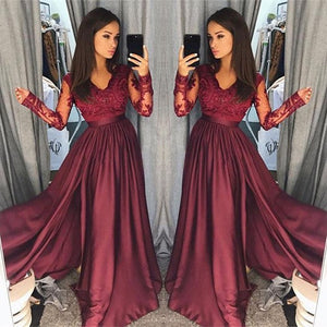 Burgundy A-Line V-Neck Lace Top Long Prom Dresses with Long Sleeves