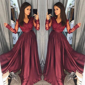 Burgundy A-Line V-Neck Lace Top Long Prom Dresses with Long Sleeves