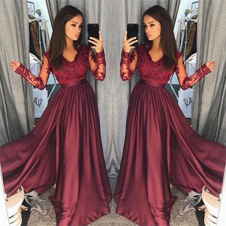 Burgundy A-Line V-Neck Lace Top Long Prom Dresses with Long Sleeves