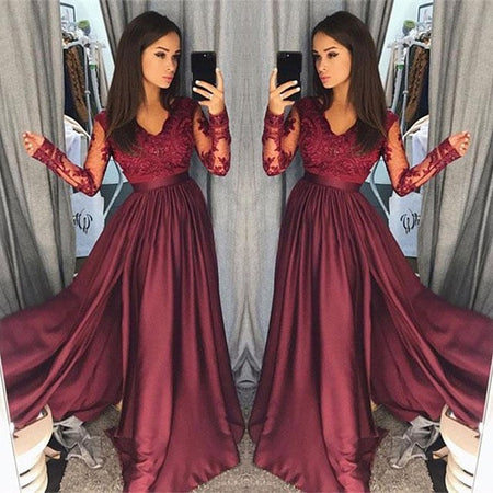 Burgundy A-Line V-Neck Lace Top Long Prom Dresses with Long Sleeves